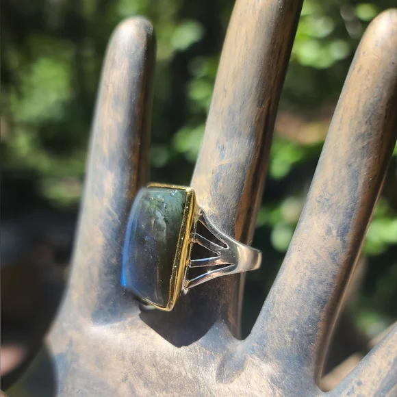 Laboradite 13k square pillow sterling & gold ring sz 8.5 - Picture 7 of 9